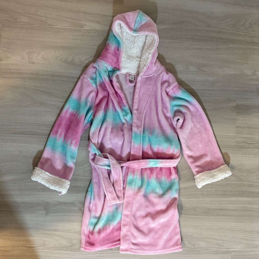 Modern Kids Girl Bath Robe Tie Dye Hooded Sherpa Trim Cozy Plush Lounge L